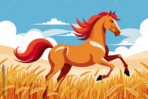 Majestic Horse Galloping Through Wheat Field- A Vibrant Illustration of Freedom and Nature- Cartoon Horse Running Free Under a Sunny Sky With Fluffy Clouds