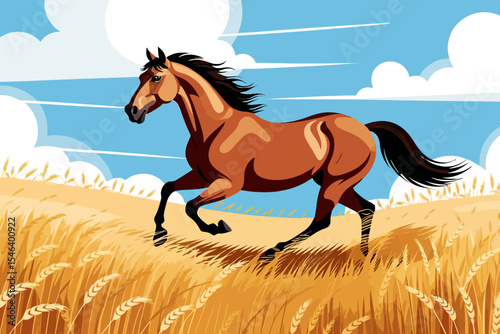 Majestic Brown Horse Running Free in Golden Wheat Field- Beautiful Cartoon Horse Illustration- Stunning Equine Art with Blue Sky and Clouds Background