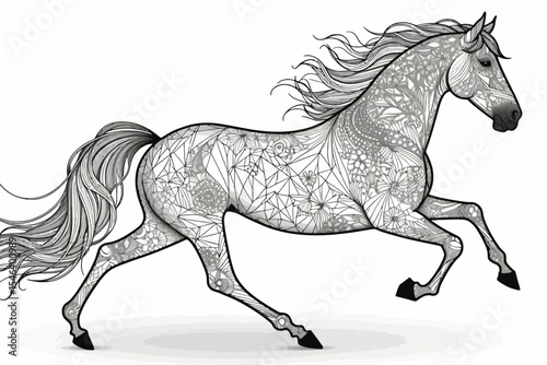 Intricate Running Horse Illustration- Detailed Zentangle Art of a Horse in Motion- Black and White Line Art for Coloring Pages- Elegant Horse Design with Floral Patterns