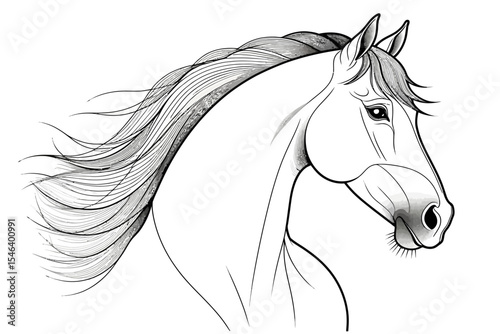 Horse Head Line Art - Elegant Equine Illustration for Coloring and Design Projects - Black and White Horse Outline with Flowing Mane Image