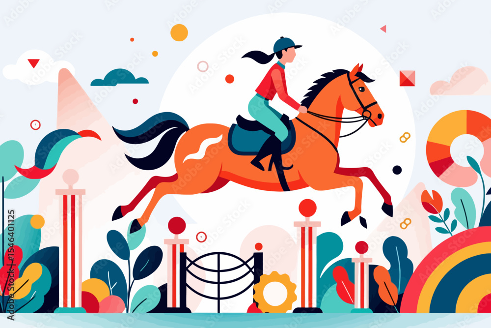 Fototapeta premium Equestrian Art Illustration-Colorful Horse Jumping-Horseback Riding Graphic-Bright Vector Design-Artistic Horse Show Image-Modern Horse Illustration-Jockey and Horse Art