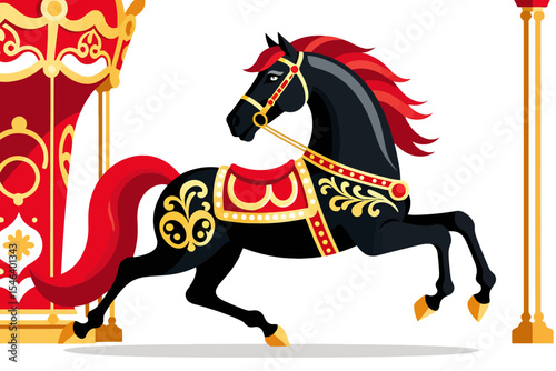 Carousel Horse Illustration-Vintage Fairground Art-Black Horse with Red Mane and Tail-Ornate Gold Detailing-Nostalgic Amusement Park Decor-Vector Graphic Design