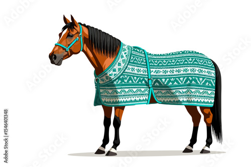 Brown Horse with Turquoise Blanket-Horse Cartoon with Patterned Blanket-Equine Illustration for Kids-Animal Art Print-Horseback Riding Style