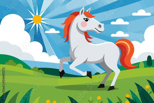 Cartoon Horse Illustration-Cute White Horse with Red Mane-Sunny Sky and Green Field-Whimsical Horse Art for Kids-Fantasy Creature Graphic Design