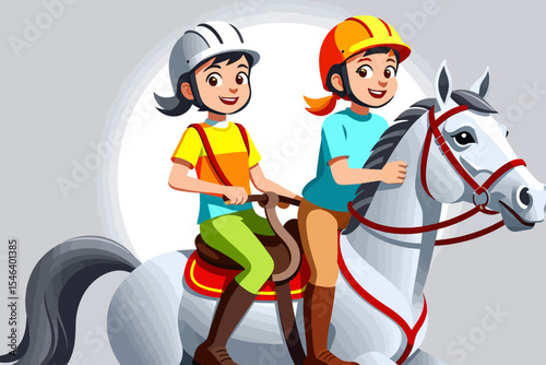 Cartoon Horseback Riding Adventure- Two Girls Enjoying a Fun Horse Ride- Safe with Helmets- Equestrian Fun for Kids- Fantasy Horse Illustration