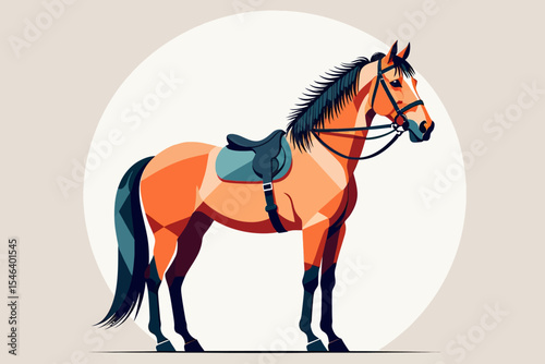 Elegant Saddle Horse Illustration- Geometric Style Horse Art- Equestrian Design for Prints and Decor- Digital Artwork of a Brown Horse with Saddle