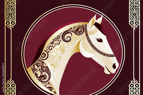 Elegant Horse Portrait with Gold Accents-Ornate Horse Head in Circular Frame-Stylish Equine Art on Burgundy Background-Luxury Horse Design