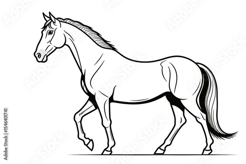 Elegant Horse Outline Illustration- Majestic Animal Line Art - Vector Drawing of a Horse in Motion- Black and White Horse Image for Coloring Pages