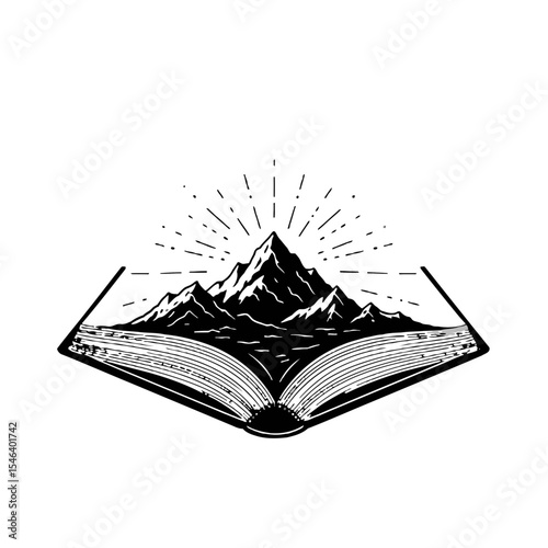 Open book with mountains and sun rays in minimalist black design  
