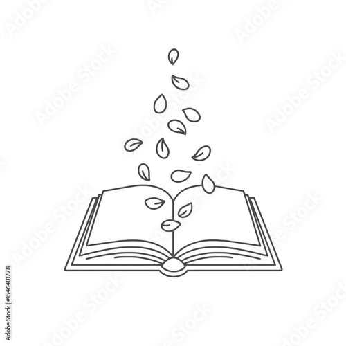 Open book with falling leaves in minimalist line drawing style  