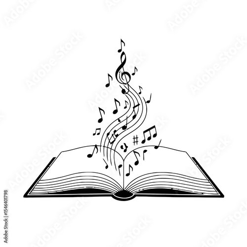 Open book with musical notes rising in creative illustration  