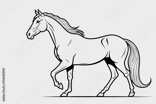Majestic Horse Illustration-Elegant Black and White Equine Art-Powerful Stallion Graphic for Design Projects-Detailed Horse Outline-Animal Artwork-Elegant Horse Drawing