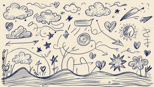 Sketchy Abstract Design Elements - Clouds, Stars, and Hearts