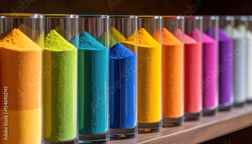 Colorful Pigments In Glass Tubes On Wooden Shelf