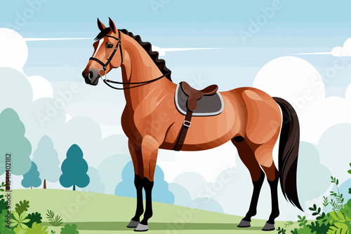 Beautiful Brown Horse Illustration-Horseback Riding Art-Detailed Horse Image with Saddle-Animal Vector Graphic-Equine Artwork-Nature Background
