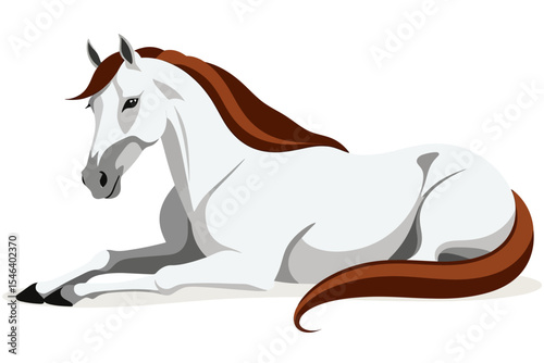 White Horse Vector Illustration-Beautiful Resting Mare with Brown Mane-Elegant Equine Design for Art & Prints-Animal Graphic for Creative Projects