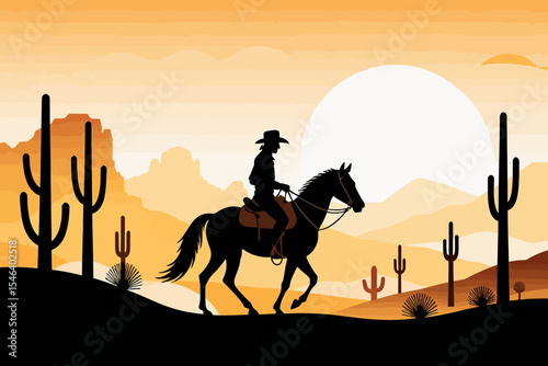 Western Cowboy Riding Horse at Sunset-Desert Landscape with Cacti Illustration-Silhouette of Rider and Horse in Golden Light-Wild West Adventure Art