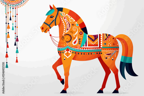 Colorful Decorative Horse Illustration-Ornate Orange Animal Art-Intricate Patterns and Design-Unique Horse Graphic-Indian Inspired Artwork-Equestrian Decor