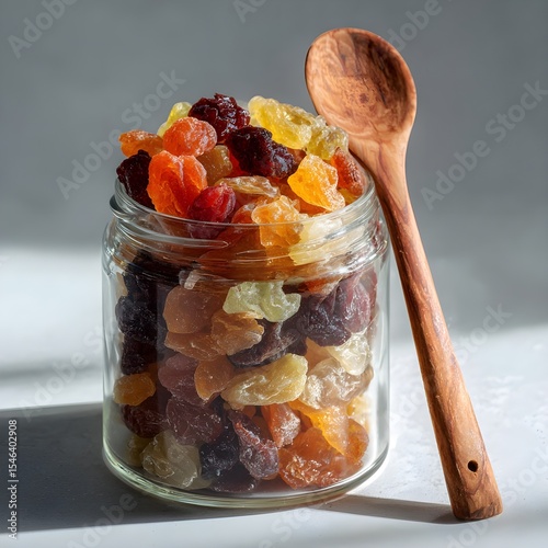 Colorful Dried Fruit in Glass Jar with Wooden Spoon | Healthy Snack Flat Lay on Rustic Background
