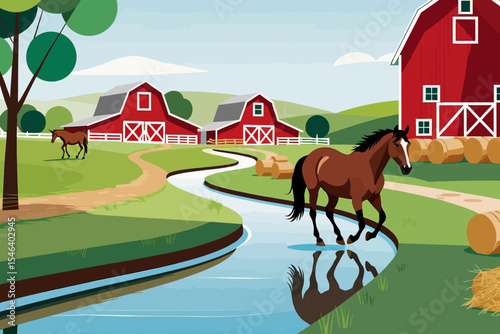 Scenic Farm Landscape with Horses and Red Barns-Tranquil Rural Scene with Stream and Hay Bales-Farm Life Illustration-Peaceful Countryside View-Horseback Riding Inspiration