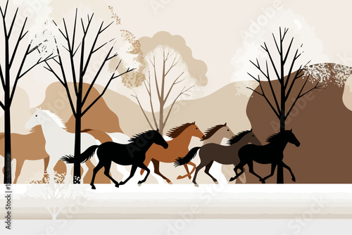 Wild Horses Running Free in Autumn Woods-Graphic Illustration of a Horse Herd Galloping Through a Forest-Equine Art-Modern Horse Wall Decor