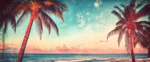 This artistic collage captures a serene tropical beach at sunset, featuring palm trees swaying gently by the shore and vibrant hues blending beautifully in the sky