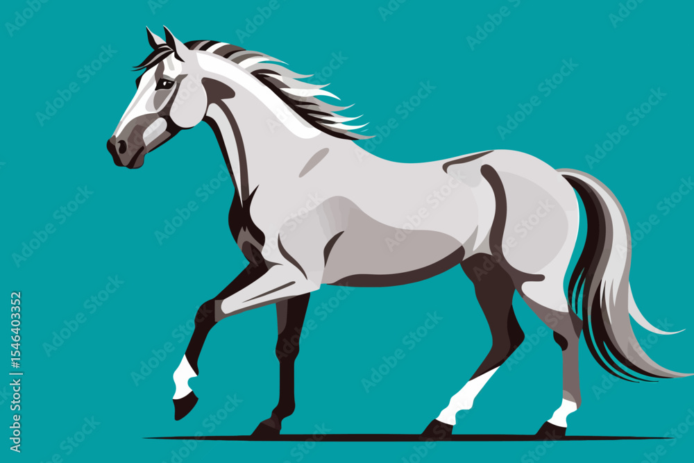 Obraz premium Elegant White Horse Illustration- Majestic Animal Art in Motion- Modern Horse Graphic Design against Teal Background- Equine Artwork for Home Decor