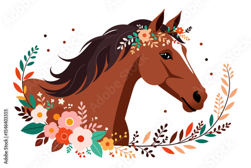 Elegant Horse Portrait with Floral Crown and Wreath-Beautiful Brown Horse with Flowers-Animal Art Print for Horse Lovers-Digital Illustration of a Majestic Horse