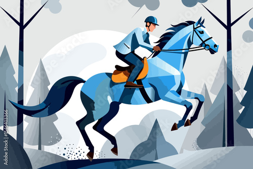 Equestrian Art-Stylized Horse and Rider Galloping Through Winter Forest-Blue Geometric Shapes Form Dynamic Scene-Unique Horse Riding Illustration-Jockey in Action