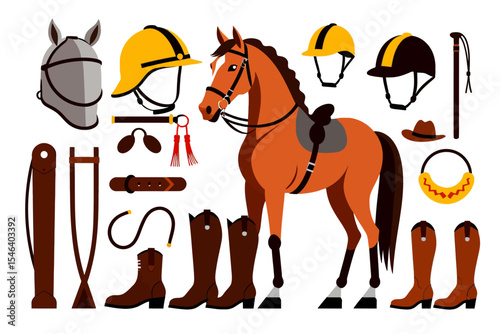 Equestrian Gear Illustration-Horseback Riding Accessories-Helmet-Boots-Saddle-Whip-Horse Tack-Riding Equipment-Horse Riding Safety Gear-Horse Show Essentials