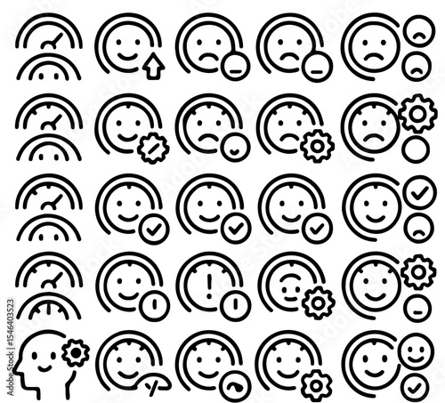 A collection of various emotion and service icon set in black and white