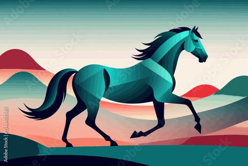 Geometric Horse Illustration- Teal Horse Running- Modern Animal Art- Abstract Horse Design- Equestrian Wall Art- Stylish Horse Picture