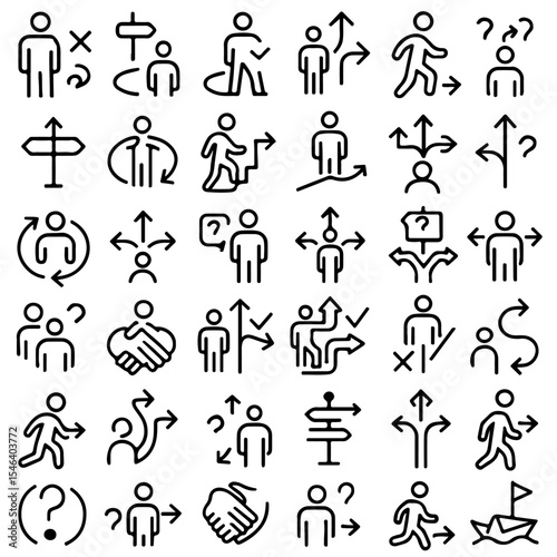 Set of business icons depicting diverse situations, including choices, teamwork, success, and collaboration