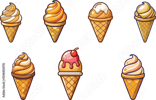 Waffle Cone Ice Cream Set Vector Illustration