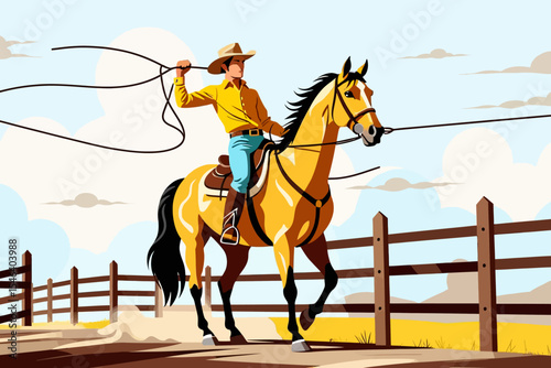 Cowboy Riding Horse with Lasso-Vintage Western Illustration-Ranch Lifestyle Artwork-Horseback Riding Adventure-American West Art-Cowboy Culture Image