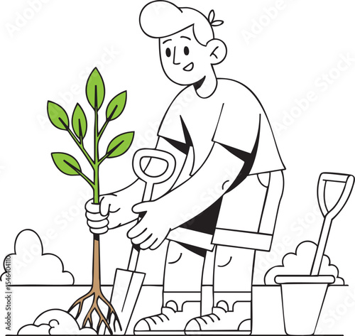 Smiling person planting a young tree with a shovel and bucket.