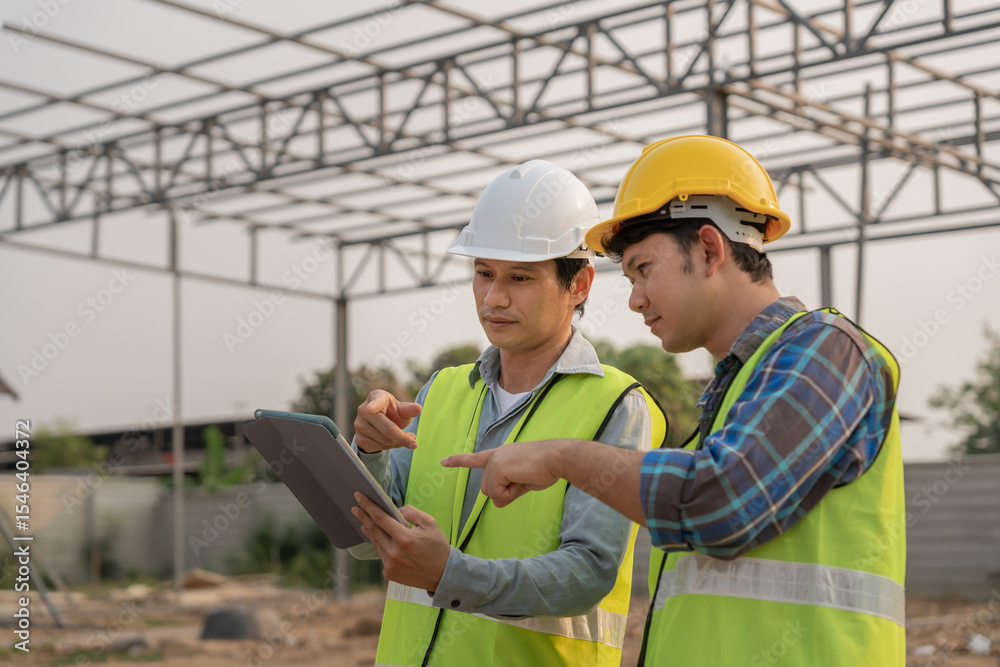 inspector or engineer is inspecting construction and quality assurance new house using a tablet. Engineers or architects or contactor work to build the house before handing it over to the homeowner inspector or engineer is inspecting construction and quality assurance new house using a tablet. Engineers or architects or contactor work to build the house before handing it over to the homeowner