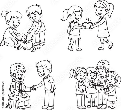 Children engaging in acts of kindness like petting a dog sharing food and helping an elder.