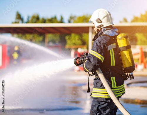 Firefighter in Gear Using Hose to Extinguish Flames at Fire Training Facility