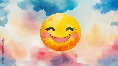Bright and cheerful smiling sun character floating amidst colorful clouds in a whimsical sky