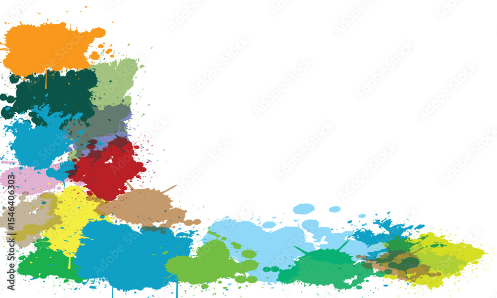 Creative abstract frame made of multicolored paint splashes forming a corner border