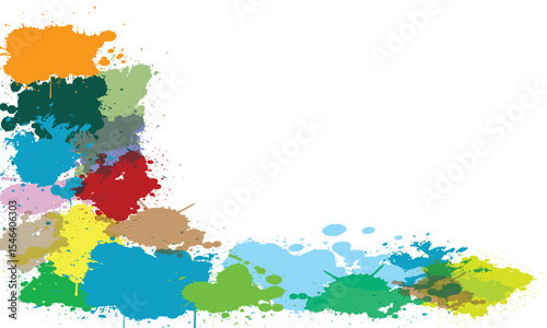 Creative abstract frame made of multicolored paint splashes forming a corner border