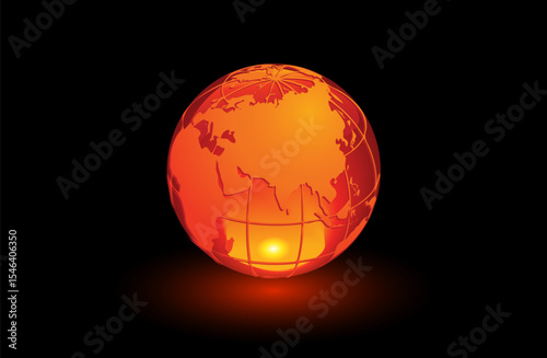 Glowing Red Earth Globe with Asia and Europe Highlighted