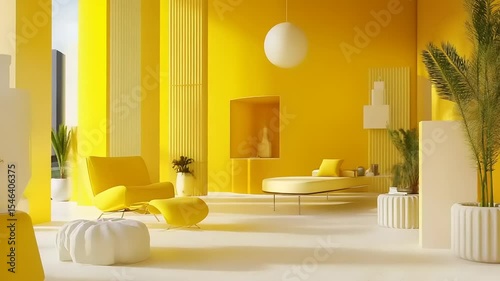 Bright and modern interior design featuring yellow furnishings and lush greenery in a spacious room