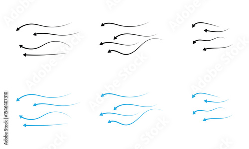 Set of black and blue arrow showing air or wind flow. Air conditioner direction. Isolated on white background . EPS 10 . 