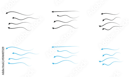 Set of black and blue arrow showing air or wind flow. Air conditioner direction. Isolated on white background . EPS 10 . 