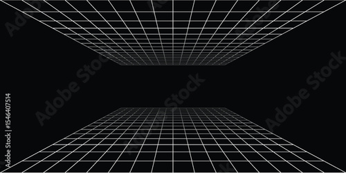 Futuristic perspective grid box. Abstract wireframe with white grid line on black background. Virtual reality landscape in 80s 90s digital style. Vector