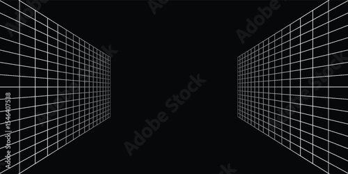 Futuristic perspective grid box. Abstract wireframe with white grid line on black background. Virtual reality landscape in 80s 90s digital style. Vector