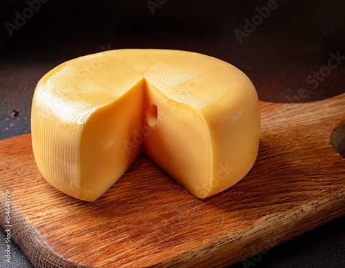 edam round cheese on wooden cutting board