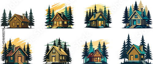 Wooden cabin in forest logo set vector illustration